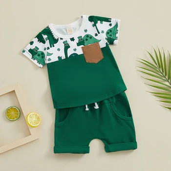 Бебе малко дете бебе момче Ден на Свети Патрик Тоалети Ризи с къс ръкав Тениска от детелина със зелен комплект