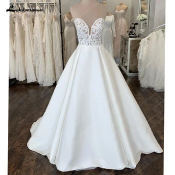 Simple A Line сватбена рокля бял сатен Лонг Бийч булчински рокли без ръкави скъпа Vestidos de Novia 2023 Лято