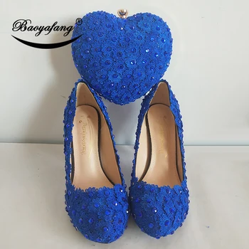 BaoYaFang кристал Кралско синьо цвете Сърце чанта и обувки Жена Сватбени обувки Булка платформа обувки с подходящи чанти женски Помпи