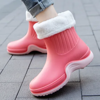 Обувки Дамски дъждовни ботуши Кожен чорап Зимни обувки с топла вода Водоустойчиви 2023 Нова мода Зимни боти до глезена Водоустойчиви ботуши за дъжд