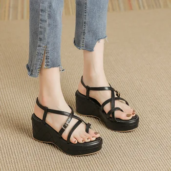 малък размер 31-39 каишка клин сандали висок ток плътен цвят платформа плажни сандали жени летни обувки бели