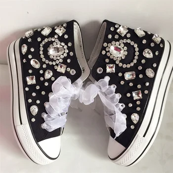 High top canvas shoes handmade custom spring and autumn lace lace-up rhinestone casual sports shoes for women 35-40