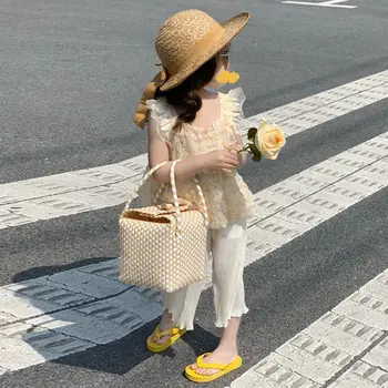 2023 Летни детски комплекти Сладка Корея стил без ръкави жилетка дълги панталони широки крака панталони памук мека мода ново за момичета