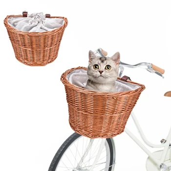 Нова кошница за велосипеди Плетена велосипедна предна кормило Pet Dog Cat кошница Малък контейнер за домашни любимци превозвач пазаруване шнур чанта