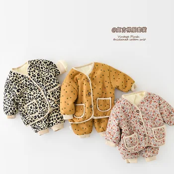 Зимен корейски нов детски памучен палто за момичета бебета корейски плюшени удебелени палта и панталони две части комплект екипировки