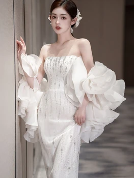 Off бяла светлина луксозна вечерна рокля с нос шал френски стил сватба без презрамки апликация русалка официално ангажирани абитуриентски рокли