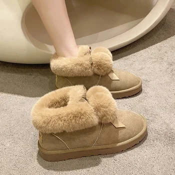 2024 Нова мода плътен цвят дамски обувки кожа сняг ботуши зимни ботуши жените естествена вълна топло глезена ботуши дамски обувки