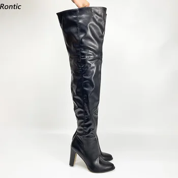 Rontic Ново пристигане жени зимни бедрото ботуши унисекс страничен цип буци токчета кръг пръсти елегантен черни дамски обувки САЩ размер 5-20