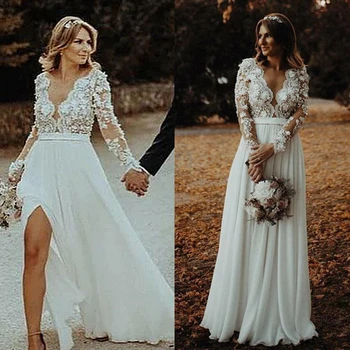 3D флорални апликации Държава сватбени рокли V-образно деколте пълни ръкави дълги шифон A-линия сватбени рокли страна цепка бяла булка износване