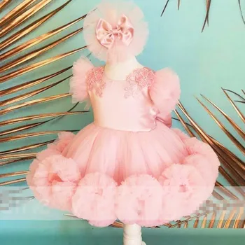 бебе розово цвете момиче рокля без ръкави момичета принцеса сатен сватбено парти рокли апликация подвижна влак прическа
