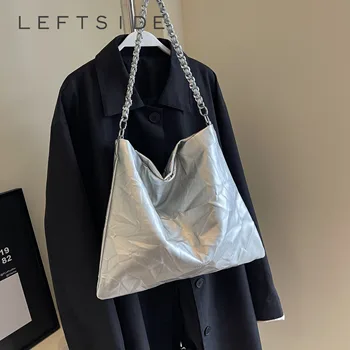 LEFTSIDE Сладък голям PU кожа Crossbody чанти за жени 2023 Y2K корейска мода сребърни чанти кожена чанта за рамо парти портмонета