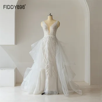 FIDDY898 V-образно деколте русалка сватбена рокля мъниста дантела пайети и подвижна пола сватбена рокля QW01767