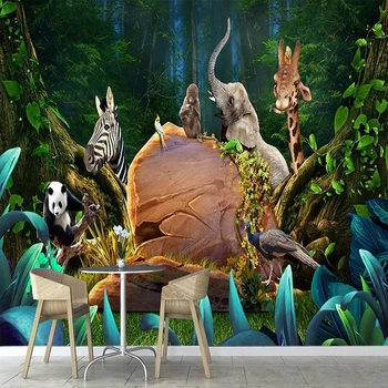 Персонализиран стенопис Wallpaper 3D Сладки животни Горска джунгла Детска стая Фон Стена Детска градина Декор Fresco Papel De Parede