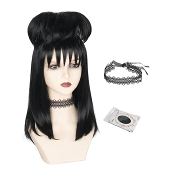 Miss U Hair Beetle Lydia Wig Women Shoulder Length Wig Wavy Black Wig with Bun and Choker Gothic Bride Party Cosplay Wig