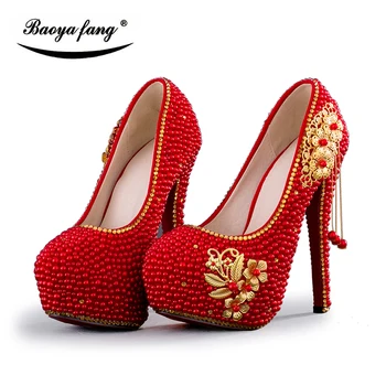 BaoYaFang червени мъниста Пискюл дамски сватбени обувки Булка 8cm/11cm/14cm платформа обувки високи обувки дамски голям размер Помпи дамски обувки