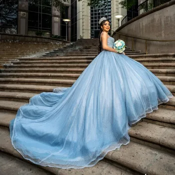 Светло синя блестяща рокля на quinceanera Спагети каишка кристал флорални апликация Vestidos de 15 Anos Официална рокля за рожден ден