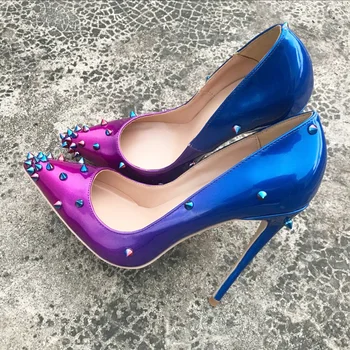 Синьо лилаво градиент нитове помпи дами метални шипове шипове заострени пръсти тънки високи токчета облекло stilettos секси високи токчета обувки