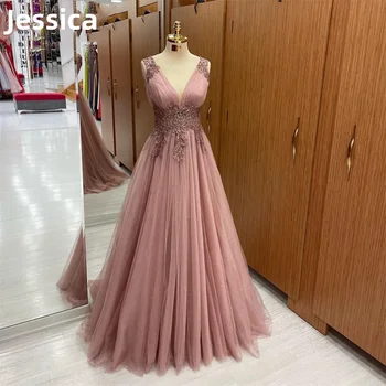 Jessica розови абитуриентски рокли Тюл апликация вечерна рокля по избор размер сватба официални поводи парти роклиفساتين السهرة2024