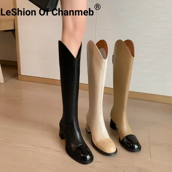 LeShion Of Chanmeb естествена кожа езда ботуши жени микс-цвят цветен цип коляновисоко ботуши зимна жена буци високи токчета обувки
