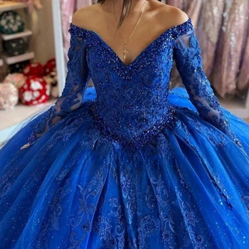 Ashely Alsa Royal Blue Абитуриентски рокли Дълъг ръкав V врата дантела апликация рожден ден рокля Vestido De 15 Anos Quinceanera рокли