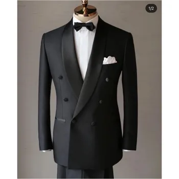 Бизнес черен шал ревера 2 броя сватба младоженец мъже костюми тънък годни костюм homme дрехи комплект нетактичност панталони облекло случайни ежедневни