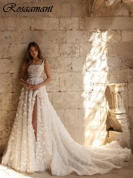 Glitter Sequined Beading High Split A-Line Wedding Dresses Illusion Square Collar 3D Flowers Bridal Gowns Robe De Mariée