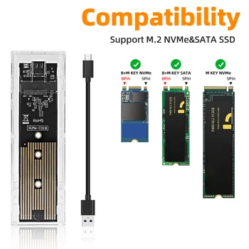 M.2 NVME PCIe NGFF SATA Dual Protocol SSD Case Clear USB Type C 10Gbps PCI-E M2 SSD Прозрачна външна кутия за твърд диск