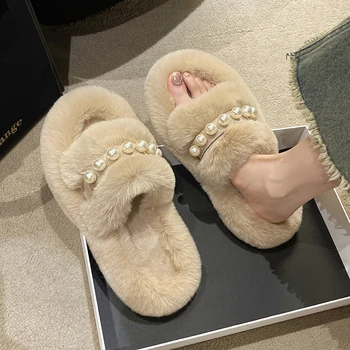 Зимна жена чехъл обувки мокасини низ топчета пързалки стадо ниско пантофле кожа джапанки мода 2023 плосък масаж плюшен лукс B
