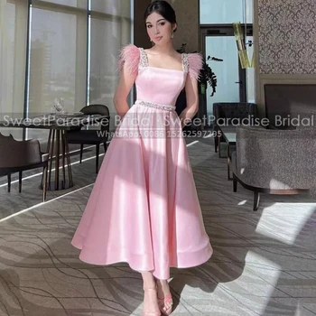 Луксозни мъниста перо вечерна рокля линия квадратно деколте чай дължина дълго розово сатенени абитуриентски рокли парти за жени