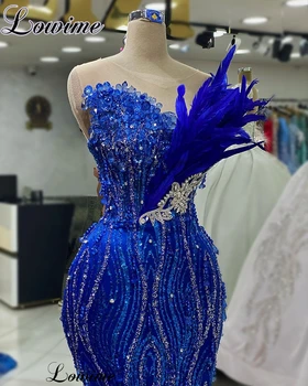 Кралско синьо кристали коктейлни рокли русалка без ръкави абитуриентски парти рокли с пера Vestidos de Cóctel Celebration рокли