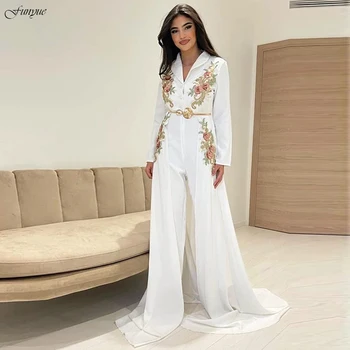 бял марокански кафтан дълги ръкави вечерна рокля панталон флорални дантели Дубай арабски официална абитуриентска рокля халати de soirée de mariage