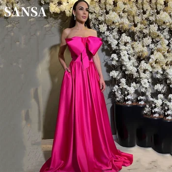 Sansa Simple Fuchsia A-line Prom Dress With Big Bow Puffy Satin فساتين سهره فاخره 2023 Секси без презрамки Vestidos De Noche