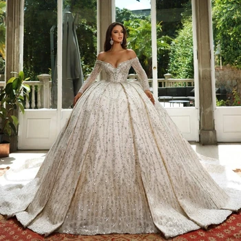 Красива Дубай сватбена рокля пайети цвете мъниста по поръчка булчински бални рокли от рамото Vestido De Novia