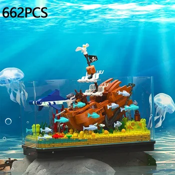662PCS Творчески рибни резервоари строителни блокове Подводен свят потънал пиратски кораб събрание модел декорация деца коледни подаръци