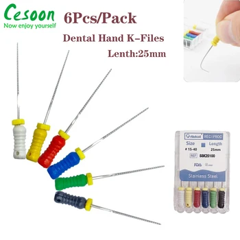 6Pcs/Pack 25mm Стоматологични ръчни K-файлове от неръждаема стомана Ендодонтски коренови канални файлове Инструмент за лечение на зъбни коренови канали