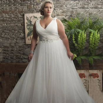Класически плюс размер сватбена рокля елегантен V врата без ръкави мъниста апликация тюл булчински рокля плисета корсет сватбени рокли