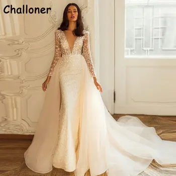 Challoner Луксозни русалка сватбени рокли V-образно деколте пълни ръкави дантела апликации Sequined разглобяеми влак етаж дължина булчински рокли