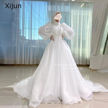 Xijun Бяла скромна дълга вечерна рокля Органза абитуриентска рокля Пълни ръкави Абитуриентски рокли Официална мароканска кафтан парти рокля 2023 Дубай