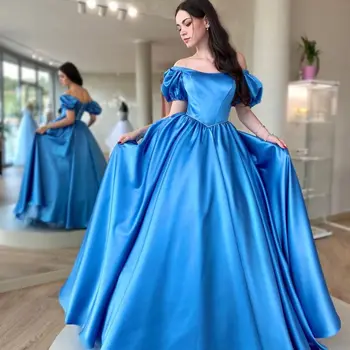 Принцеса Кралско синьо Абитуриентски рокли Дължина на пода от рамото Сатенена вечерна рокля Жени Sweetheart Party vestido de novia