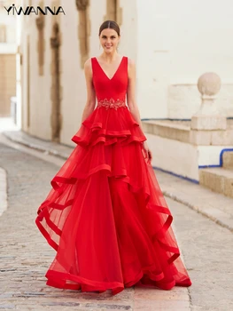 Секси вечерна рокля без ръкави без ръкави Класически апликации Абитуриентска рокля Елегантни червени A-line дълги коктейлни рокли Vestido De Novia
