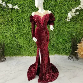 Aso Ebi Бургундия пайети вечерна рокля плюс размер сплит дълги ръкави арабски официални абитуриентски рокли халат де соаре по поръчка
