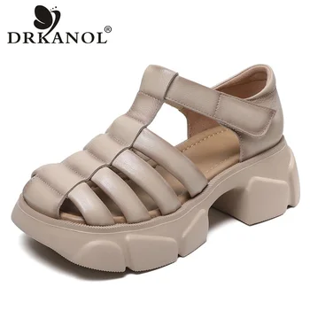 DRKANOL 2023 Жените гладиаторски сандали луксозен дизайн естествена кожа дебел ток платформа сандали жена лято буци обувки ретро