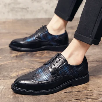 Мъжки плюс размер снаждане Brogue дърворезба кожени обувки мъжка мода дантела нагоре Оксфорд обувки мъжки бизнес рокля обувки мъжки 38-46