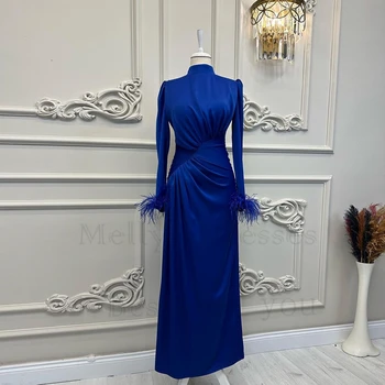 Кралско синьо Вечерни рокли с високо деколте за жени 2023 Лятно перо плисе Нова обвивка Абитуриентски рокли Real Picture Vestido De Noche