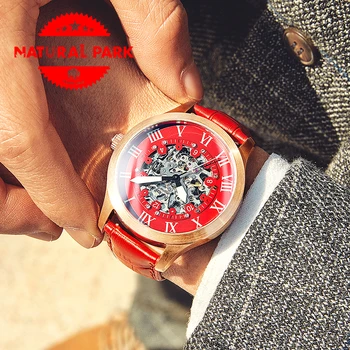 42mm Червен циферблат MIYOTA Мъжки автоматични механични часовници NATURAL PARK Марка Луксозен скелет часовник Кожа relogio masculino NP1490