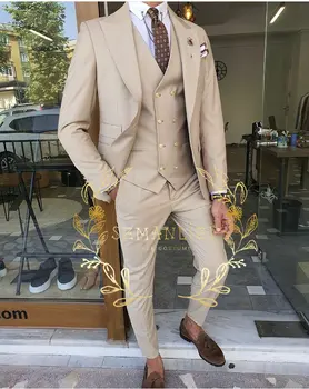 Последни дизайни Бежов мъжки костюм Официален тънък годен младоженец Смокинг 3 парче сватбени бизнес костюми комплекти Terno Masculino яке + жилетка + панталон