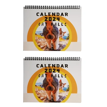 2PCS 2024 Календар Стенен календар 2024 Комплект Януари 2024 - Декември 2024, 2024 Календар Котки Задни дупки Календар 9.8X7.7Inch