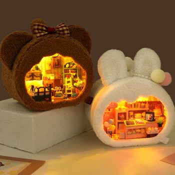 Направи си сам дървен миниатюрен строителен комплект Къщи за кукли с мебели Light Bear Rabbit Casa Dollhouse Ръчно изработени играчки за момичета Коледни подаръци