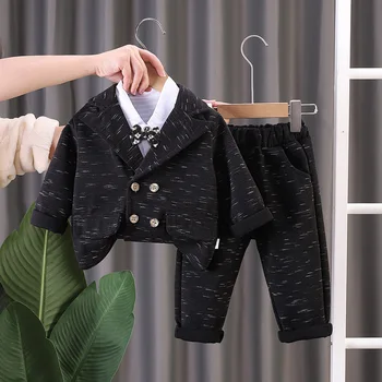 Детско облекло 2024 Пролетна мода пунктирана линия Двуреден костюм с дълъг ръкав Бебе Момчета Джентълменска рокля Комплект от три части