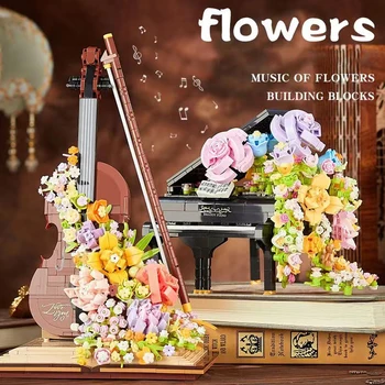 Запазено цвете пиано цигулка градивни блокове творчески музикален инструмент букет водопад сглоби модел момиче коледни подаръци